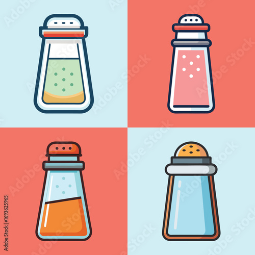 Four Colorful Flat-Style Salt and Pepper Shaker Icons;  Kitchen Seasoning Graphics;  Modern Minimalist Design.