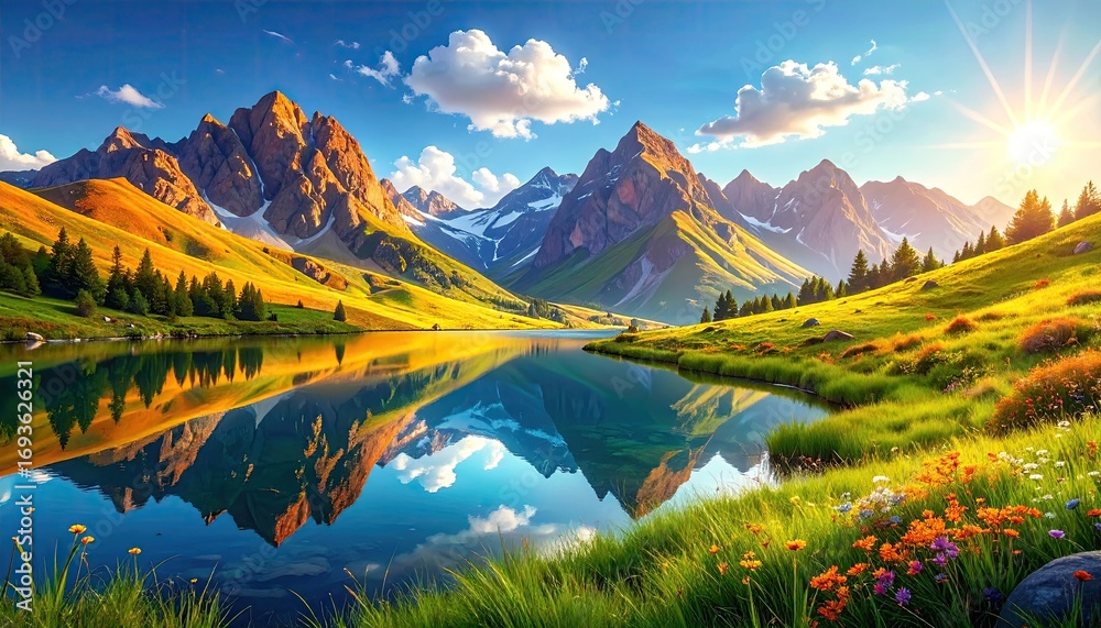 Fototapeta premium Serene alpine lake at golden hour. Reflecting mountains, vibrant wildflowers, and a picturesque landscape