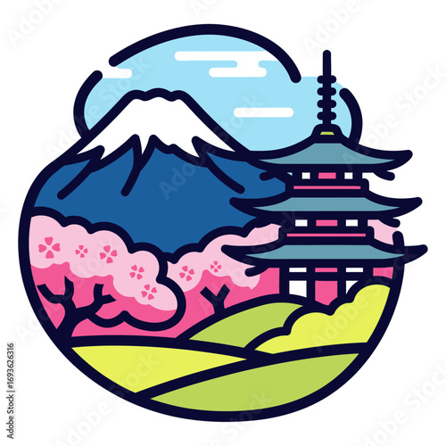 Japanese pagoda with Mount Fuji and cherry blossom vector illustration