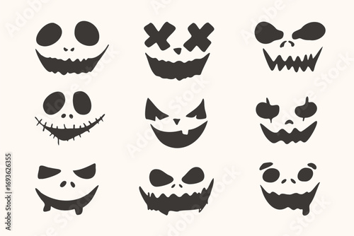 Scary Pumpkin Face Silhouettes Set. Vector set of haunted pumpkin faces with scary eyes and mouths, perfect for Halloween crafts, printable, digital artwork, and seasonal merchandise.