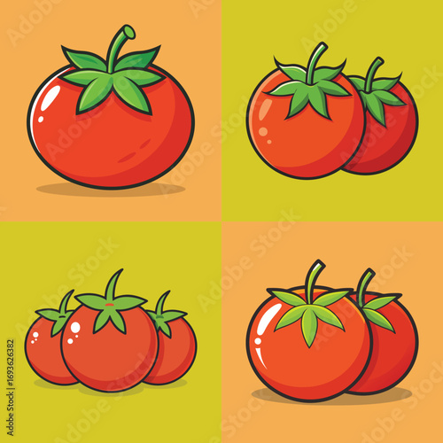 Vibrant Cartoon Tomatoes: Single, Double, and Triple Arrangements on Colorful Backgrounds.