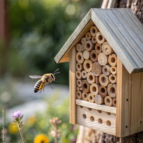 Close up of bee flying to wooden bee house in garden for nesting and pollination