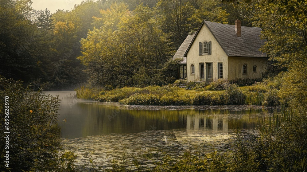 Fototapeta premium Idyllic lakeside cabin nestled amidst lush trees under a soft sunlight creates serene beauty