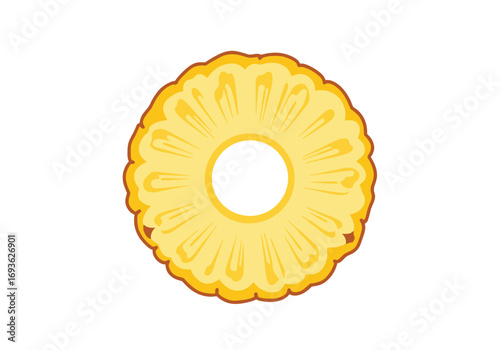 A bright yellow pineapple slice with a white center on a white background and a red outline