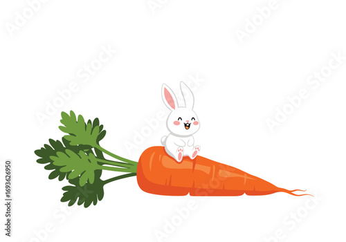Adorable white bunny rabbit perched on a giant orange carrot enjoying a sunny day outdoors
