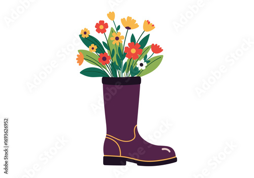 A vintage rain boot filled with a lively bouquet of wildflowers signaling the arrival of spring and vibrant garden growth