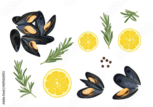Fresh mussels and lemon slices with rosemary and peppercorns