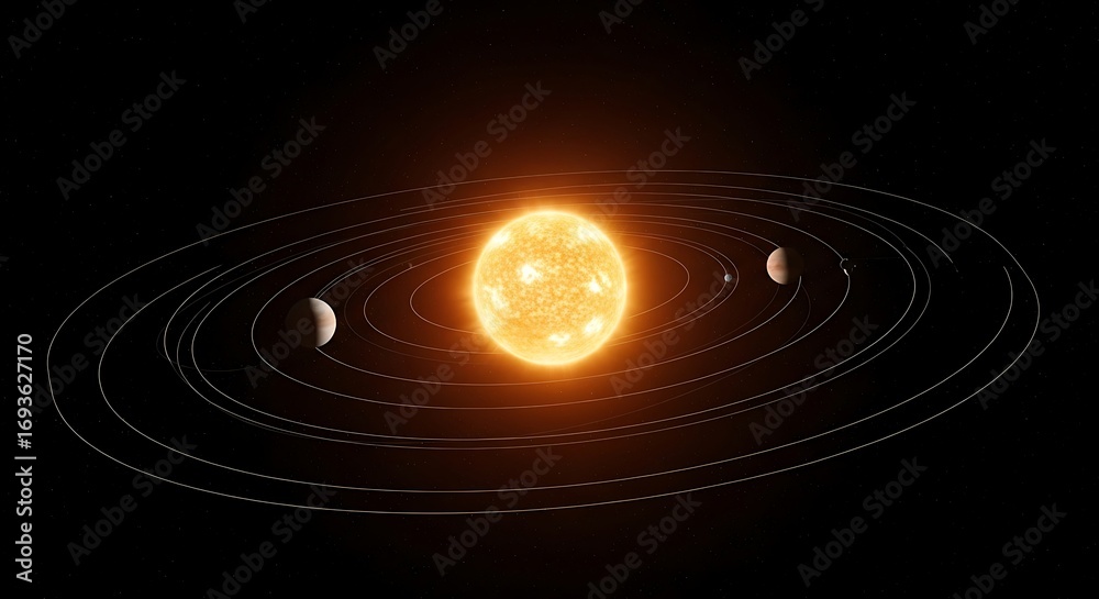 Obraz premium Golden Sun with Orbiting Planets in Dark Outer Space