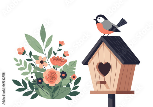 A tiny bird perched atop a wooden birdhouse next to a beautiful bunch of flowers in bloom
