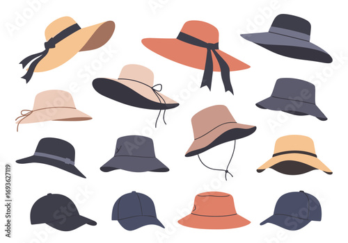 Collection of wide brimmed hats and sun hats for different occasions and styles