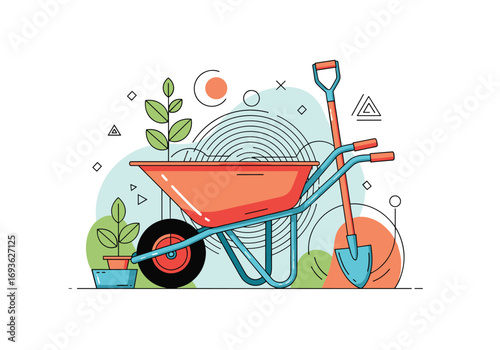 Illustrative depiction of gardening tools including wheelbarrow shovel and plants in a stylized outdoor setting