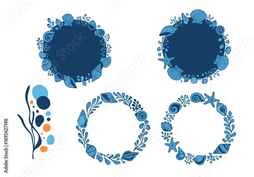 Collection of circular ocean themed decorative borders and accents featuring shells and marine flora