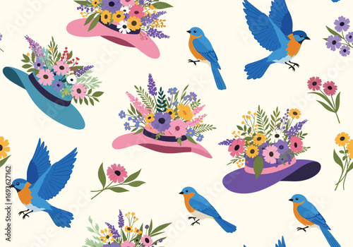 Charming bluebirds adorn festive spring hats with blooming wildflowers creating a whimsical garden pattern
