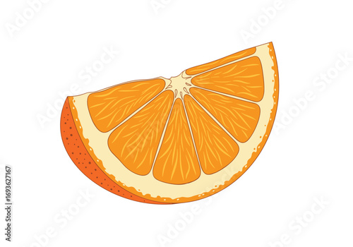 A bright orange citrus fruit wedge with visible juice segments and textured rind