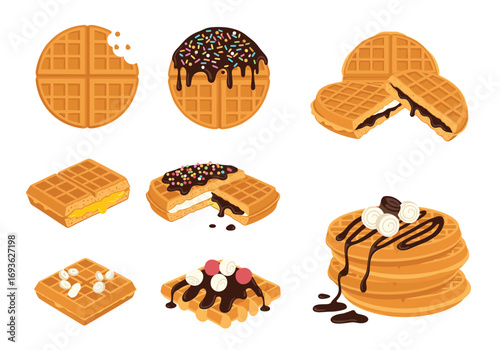 A collection of delicious sweet waffle treats featuring various toppings and fillings for your enjoyment