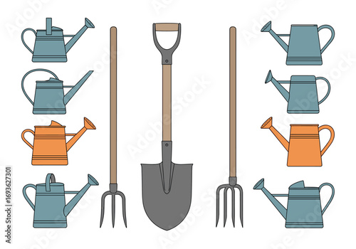 Collection of gardening tools including watering cans shovels and pitchforks for cultivating the soil and growing plants