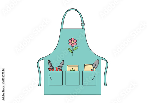 Charming teal gardening apron adorned with a blooming flower and handy pockets