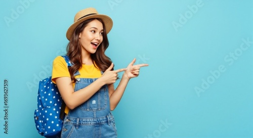 Cheerful Asian girl in overalls and backpack is ready to back to school. This excited student is pointing to copy space, making her back to school journey a fun school adventure