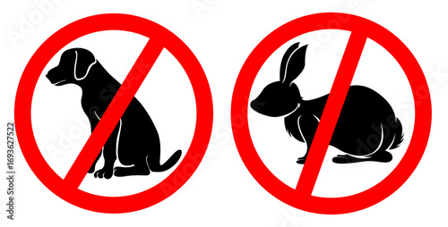 A red prohibition symbol with black silhouettes of a dog and rabbit. Suitable for signs prohibiting animals from entering a specific area, safety warnings, or communicating pet policies. Ideal for pro