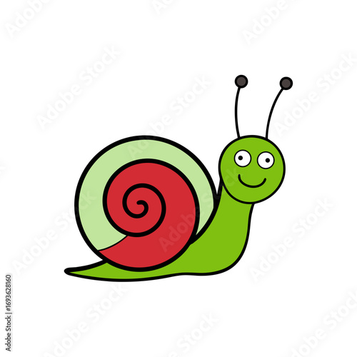 Cute cartoon snail with a red and green shell on a black background