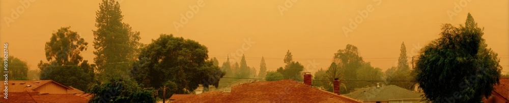 Naklejka premium High-Quality Emergency Air Quality Crisis Smoke Haze Over Neighborhood Modern Environmental Threat Impact for Disaster Preparedness Marketing and Social Media