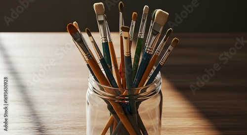 Paintbrushes in glass jar