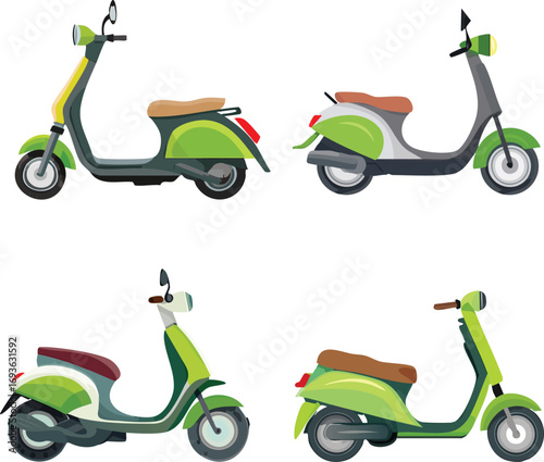 Set of Green Retro Motor Scooters Vector Illustration, Classic Vintage Moped Collection in Different Angles, Modern Urban Transportation Design for Mobility and Travel Concept