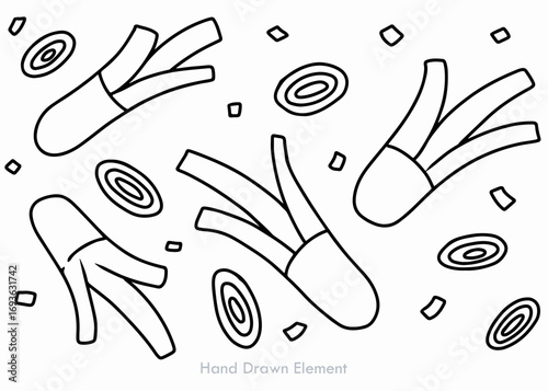 Vector set of leek icons and floating pieces of leek on white background