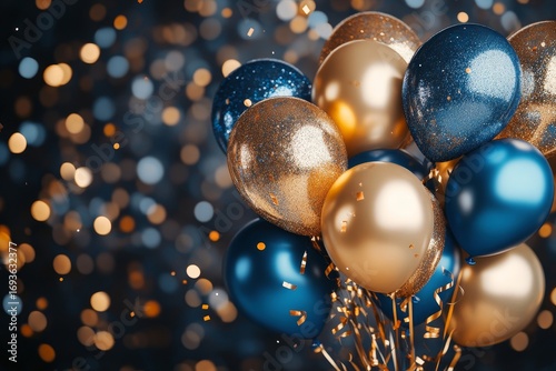 Holiday background with golden and blue metallic balloons, confetti and ribbons. Festive card for birthday party, anniversary, new year, christmas or other events, Generative AI