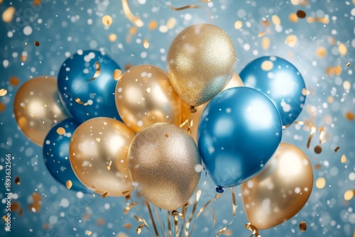 Holiday background with golden and blue metallic balloons, confetti and ribbons. Festive card for birthday party, anniversary, new year, christmas or other events, Generative AI