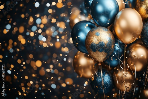 Holiday background with golden and blue metallic balloons, confetti and ribbons. Festive card for birthday party, anniversary, new year, christmas or other events, Generative AI
