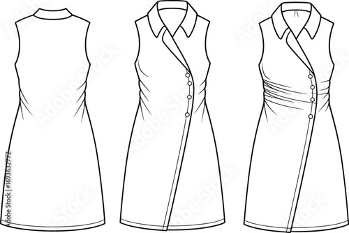 Asymmetrical, button, front, sleeveless, dress, vector, illustration, with, collar, side, pleats, slim, fit, modern, chic, fashion, sketch, stylish, garment, template, drawing