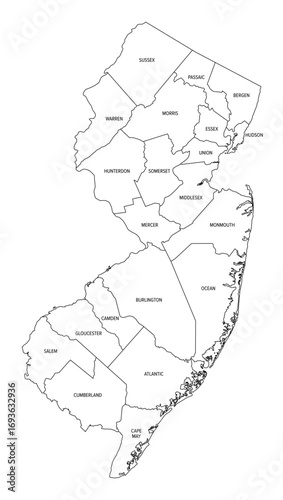 State of New Jersey, subdivided into 21 counties, outline map. State in the Mid-Atlantic and Northeastern region of the United States, nicknamed The Garden State. Map with borders and county names.
