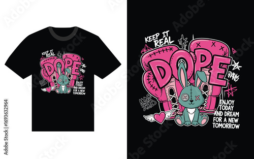 Dope T Shirt Design with Cartoon Bunny Boxing Gloves and Graffiti Font