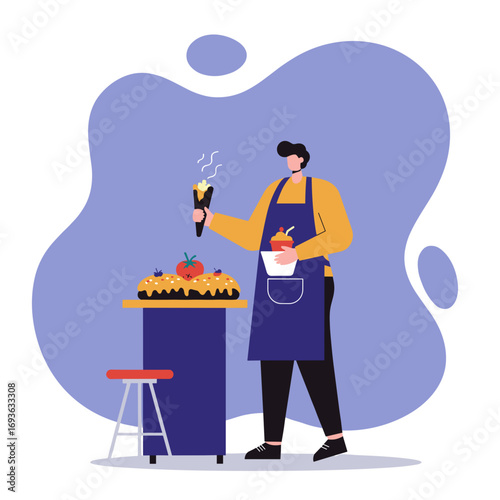 Vendor in an apron prepares and sells fresh street food, holding a hot savory crepe. A festive pastry with berries sits on the counter. Great for culinary and small business concepts.