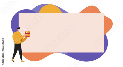 Stylish man holding a fast-food combo (burger, fries, drink) with large blank copy space. Ideal for advertising, digital marketing, menu promotion, or lifestyle content.