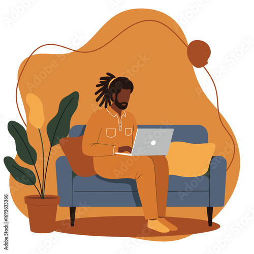 Black man with dreadlocks working on a laptop from a comfortable home sofa, illustrating remote work, freelance, or online learning. Modern lifestyle concept.