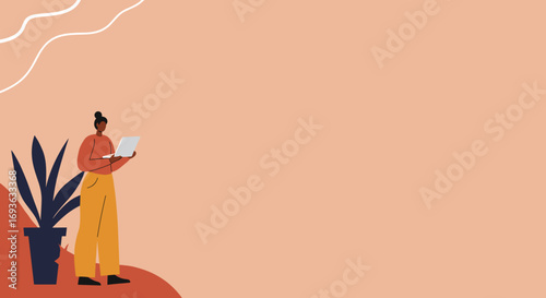 Modern illustration of a focused woman using a laptop next to a houseplant. Represents remote work, online learning, business, or casual lifestyle.