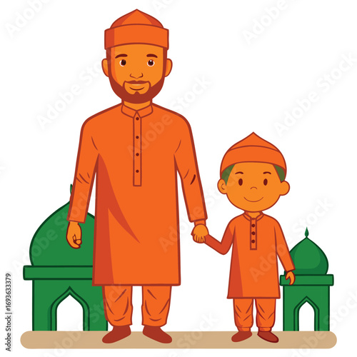 Celebrating family traditions with father and son holding hands near mosque in orange traditional dress