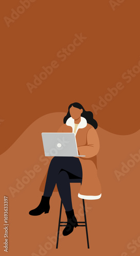 A stylish woman in a cozy coat works diligently on her laptop, embodying modern remote work, freelancing, or online education. Ideal for business and lifestyle themes.