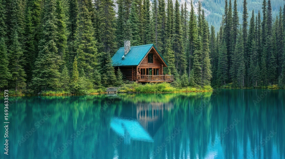 Fototapeta premium Scenic lakefront cabin nestled in a lush forest with stunning water reflection