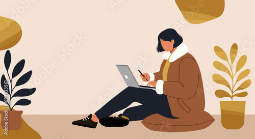Relaxed person working remotely on a laptop with a stylus, sitting comfortably amidst indoor plants. Concept for freelance, online learning, or modern lifestyle.