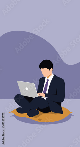 Businessman working remotely on a laptop while sitting comfortably on a cushion. Represents flexible work, freelancing, and digital nomad lifestyle.