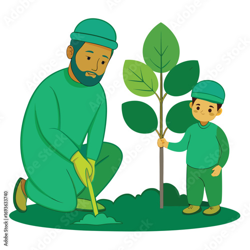 Father and son planting a tree together, nurturing nature and family bonds for a greener future