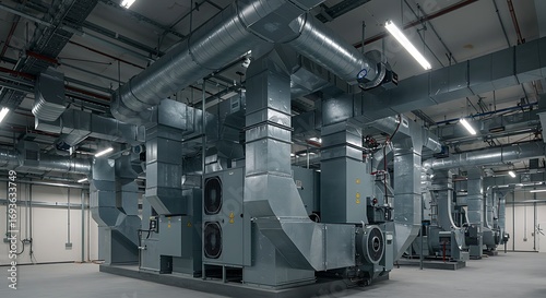 A series of large industrial air handling units in a plant room providing ventilation and climate control for a modern building