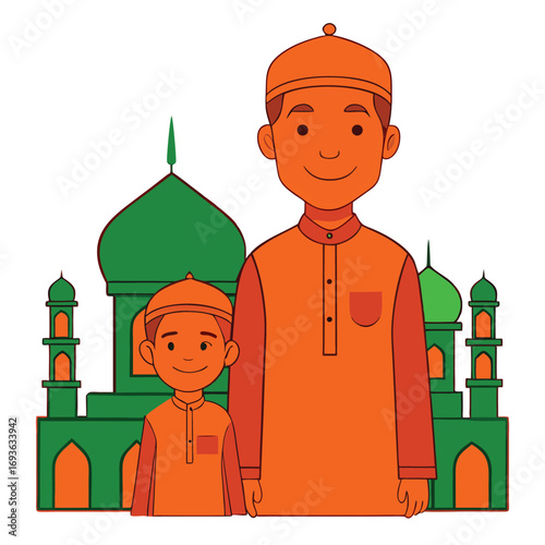 Father and son smiling near a mosque for Eid Mubarak celebration in a modern artistic style
