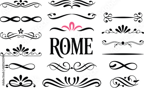 Elegant Rome ornamental calligraphy frames for wedding invitations and stationery design elements, Italy