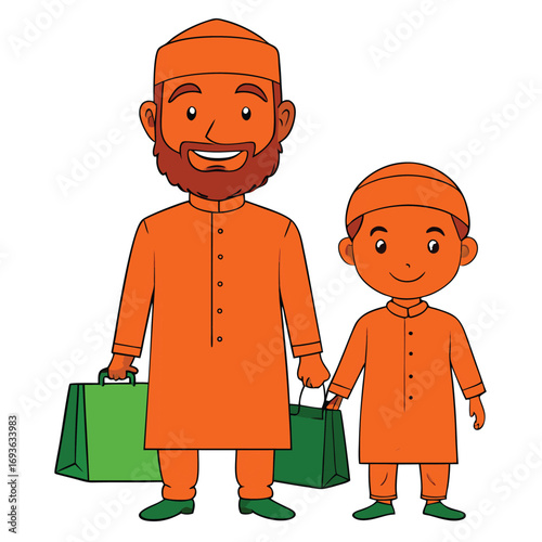 Cheerful Muslim father and son wearing traditional clothing carrying bags, ready for Eid celebration