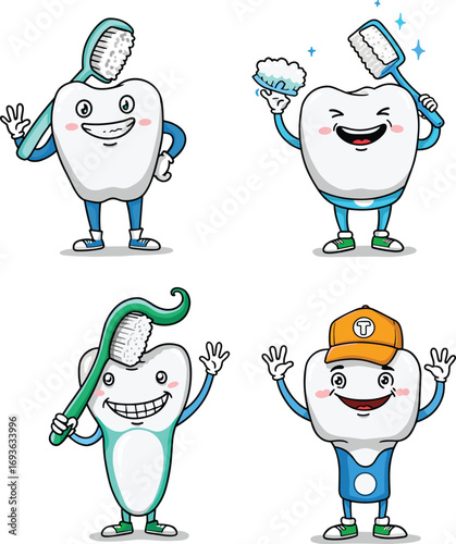 Cartoon tooth character illustration, dental hygiene mascot, toothbrush cleaning, happy teeth, oral care, kids dental health, smiling tooth, fun dentistry concept