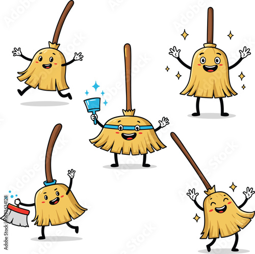 Cartoon broom characters with smiling faces, cleaning tools, dustpan, brush, sparkles, playful poses, cheerful design, household cleaning, vector illustration